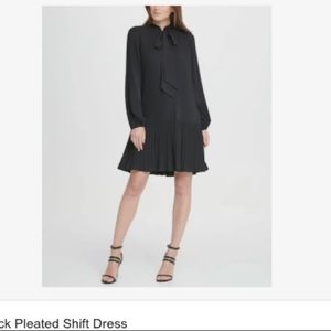 NWT DKNY pleated black shift dress with sheer sleeve and neck tie